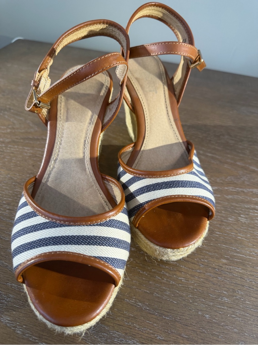 Women’s Brown Leather & Navy Striped Espadrille Sandals